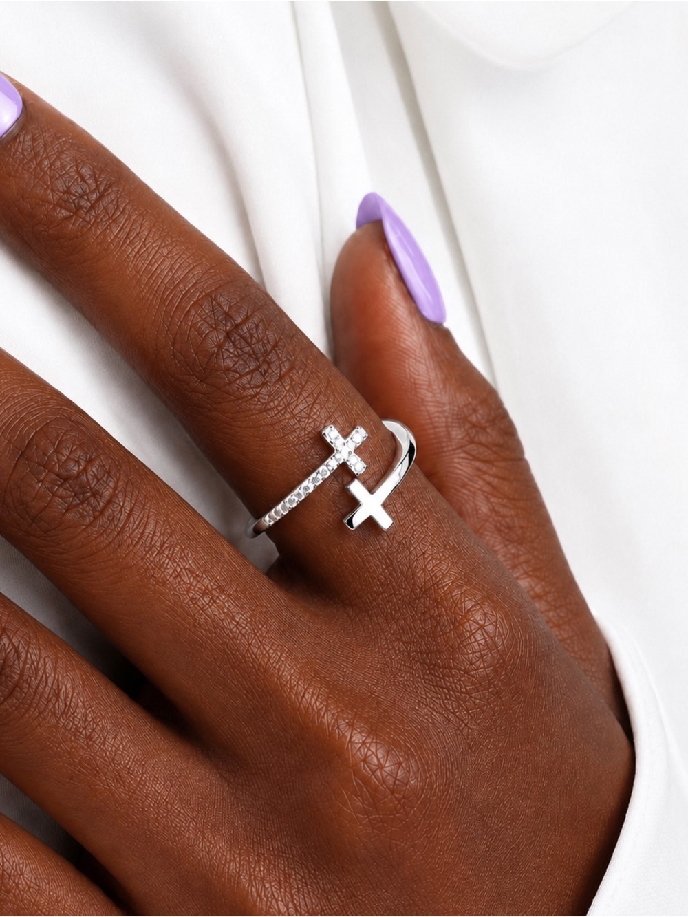 Sterling Silver Double Cross Open Ring - Silver